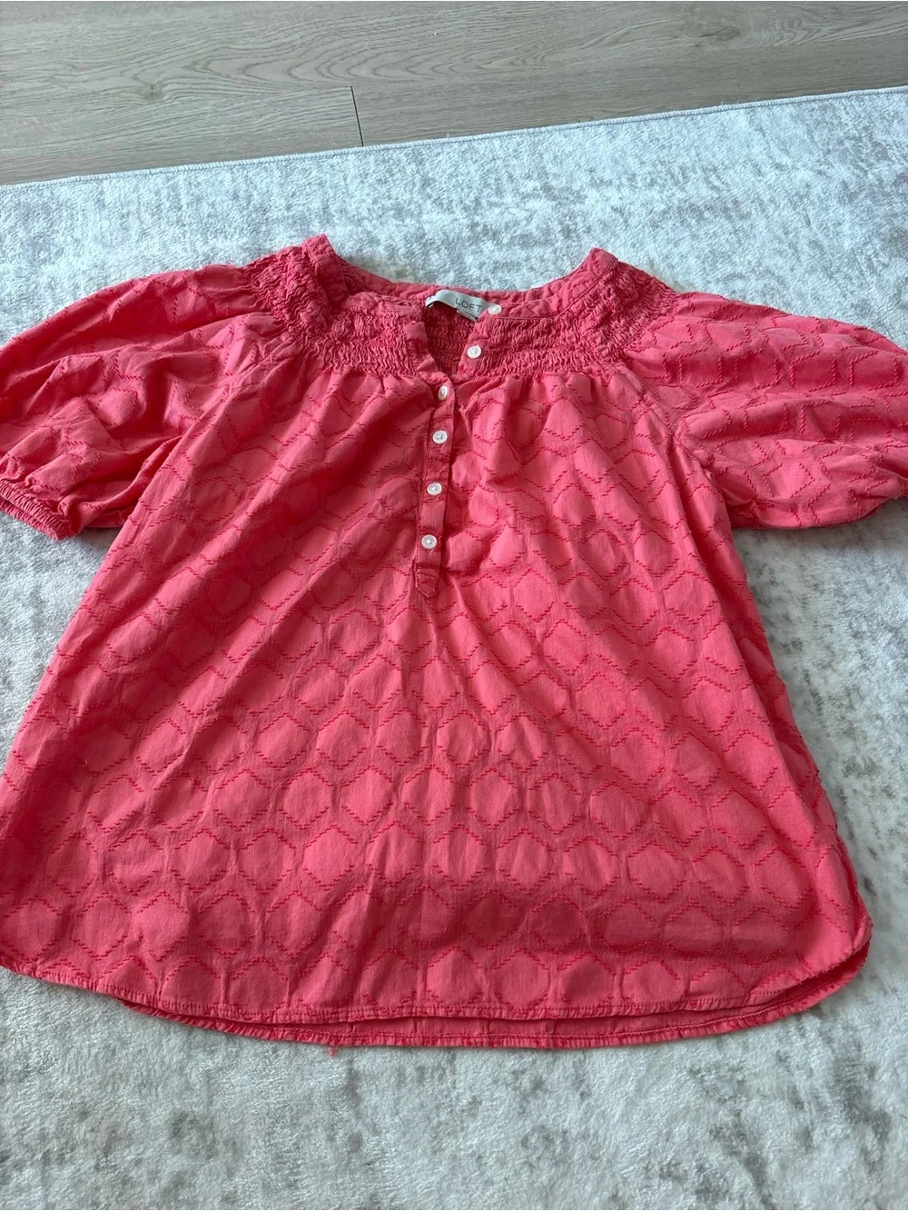 LOFT Coral Smocked Yoke Puff-Sleeve Blouse